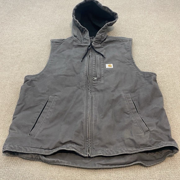 Carhartt Other - Carhartt Hooded Vest Gravel Grey Fleece Lined Duck Canvas 103837 GVL Size Large
